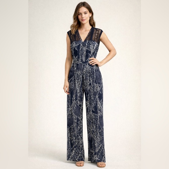 Massimo Pants - Massimo Navy and White Geometric Lace-Trim Jumpsuit